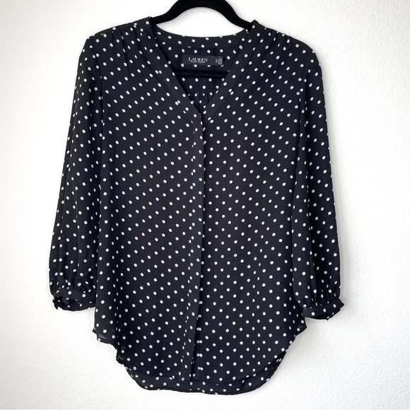 Lauren Ralph Lauren Black and White Polka Dot Button Down Blouse Business Casual - Picture 1 of 7